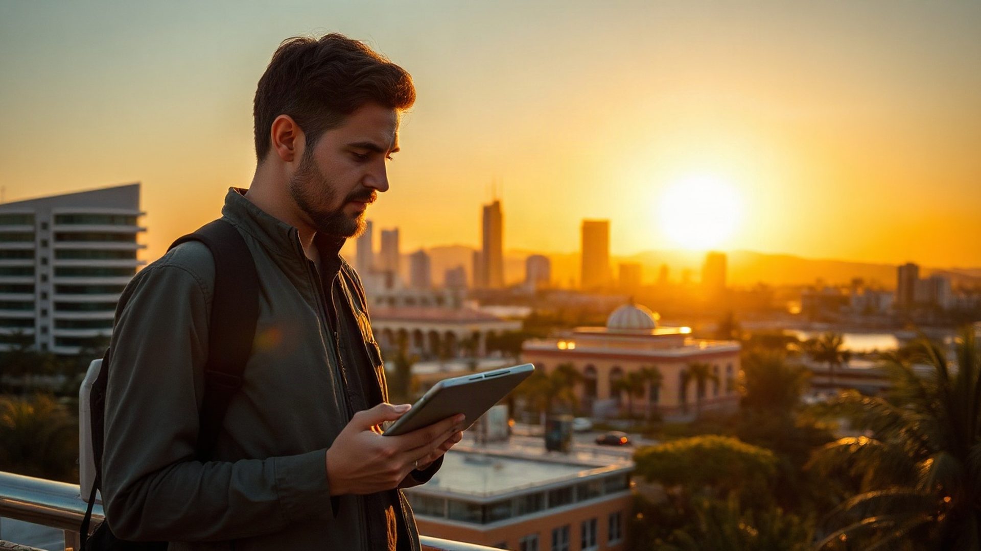Skyline de Florianópolis ao entardecer com jornalista analisando dados em um tablet