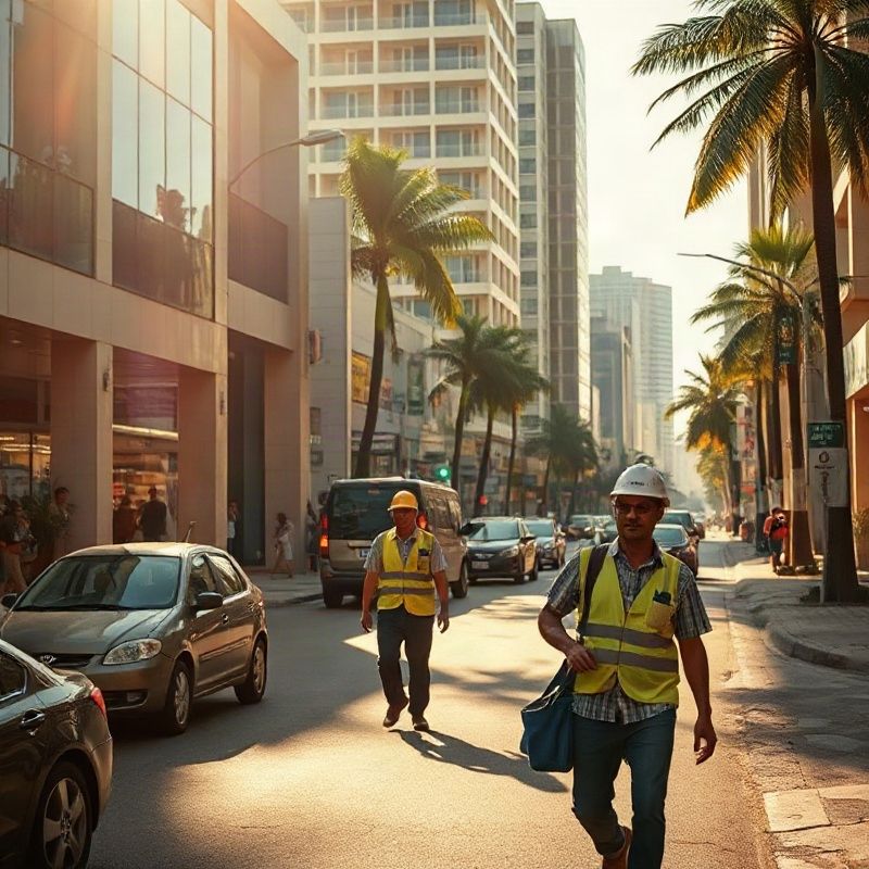 Trabalhadores brasileiros em rua urbana movimentada de Florianópolis sob luz âmbar da manhã